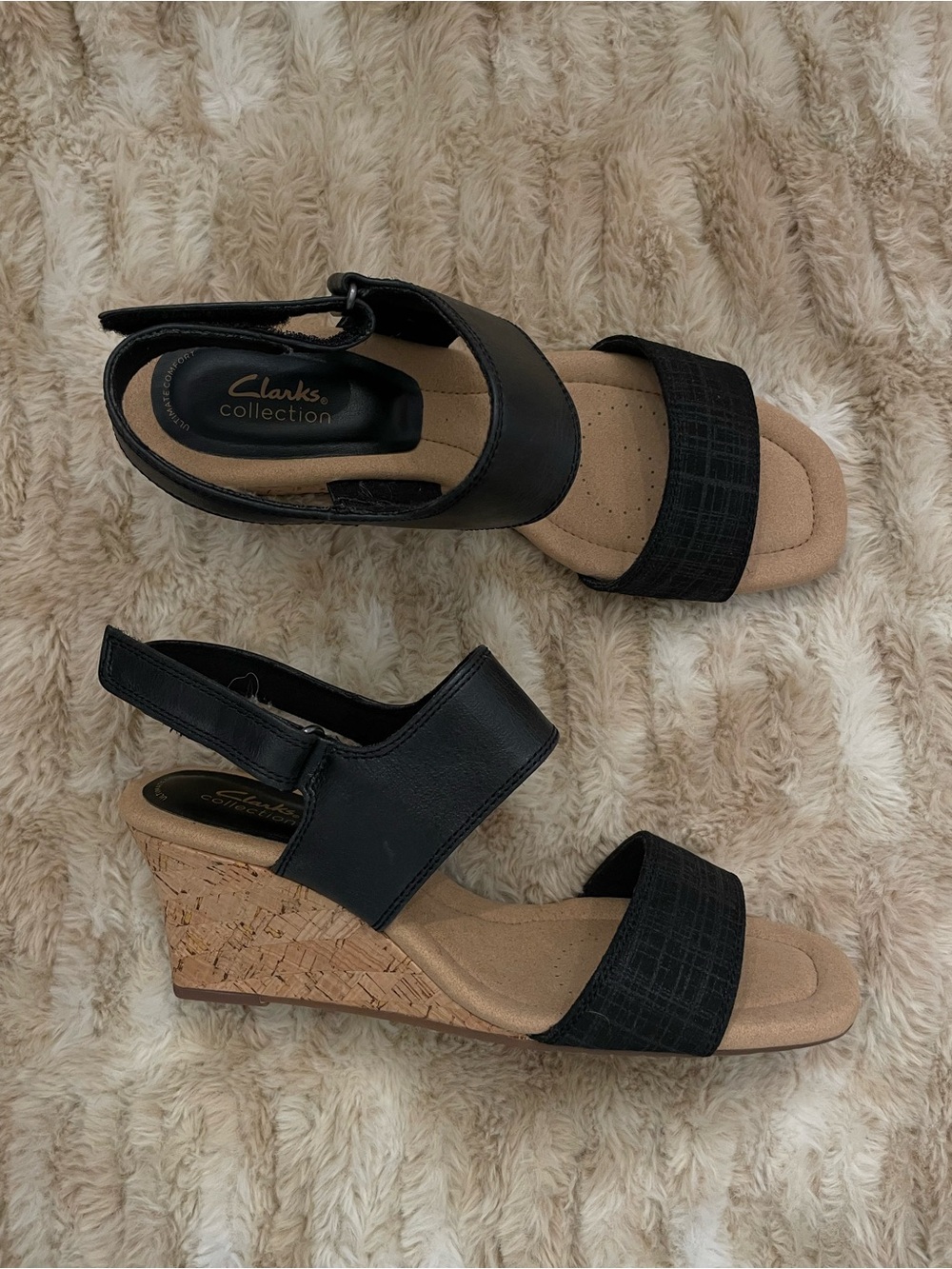 Clarks 60% off! Kyarra Faye Slingback BLK w Cork Wedge Sandals Size 9 Like New!!